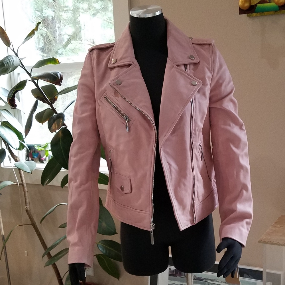 Wilsons Luxe Leather Moto Jacket Vintage Style Dusty Pink Silver Tone Hdwr S NWT - Picture 2 of 14